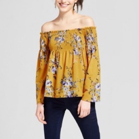 Xhilaration Yellow Floral Wide Sleeve Smocked Off the Shoulder Blouse Top Size S - Picture 3 of 5